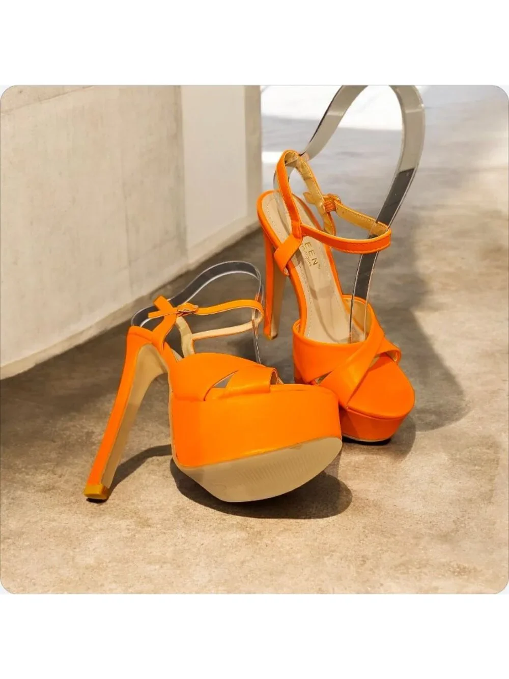 Orange Platform High Heels With Ankle Strap & Crisscross Design Womens